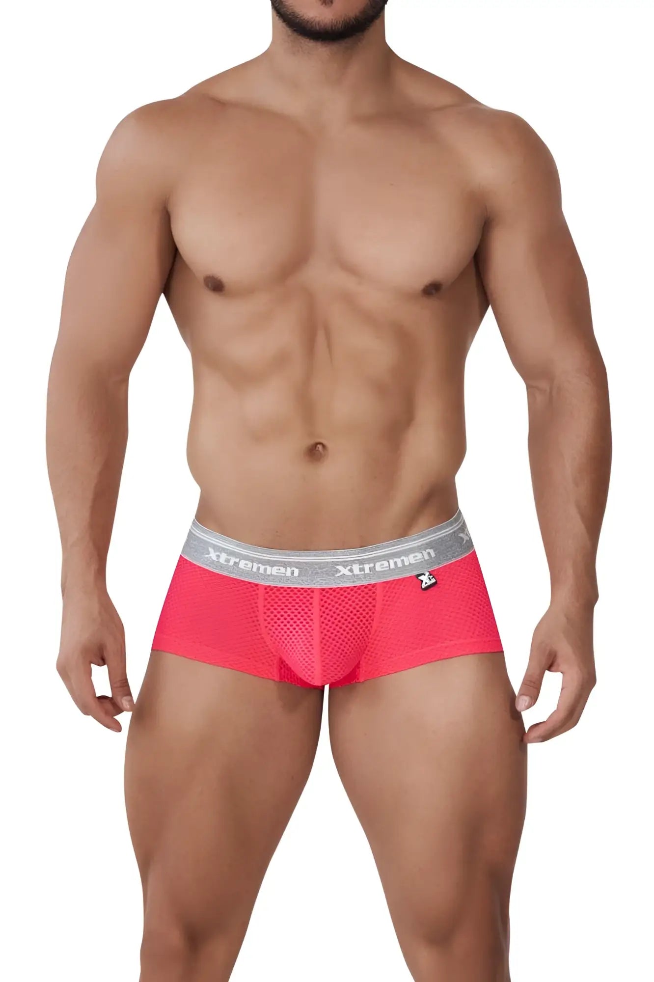 Xtremen 91158 Capriati bright pink mesh men’s briefs with gray waistband featuring Xtremen logo and brand name