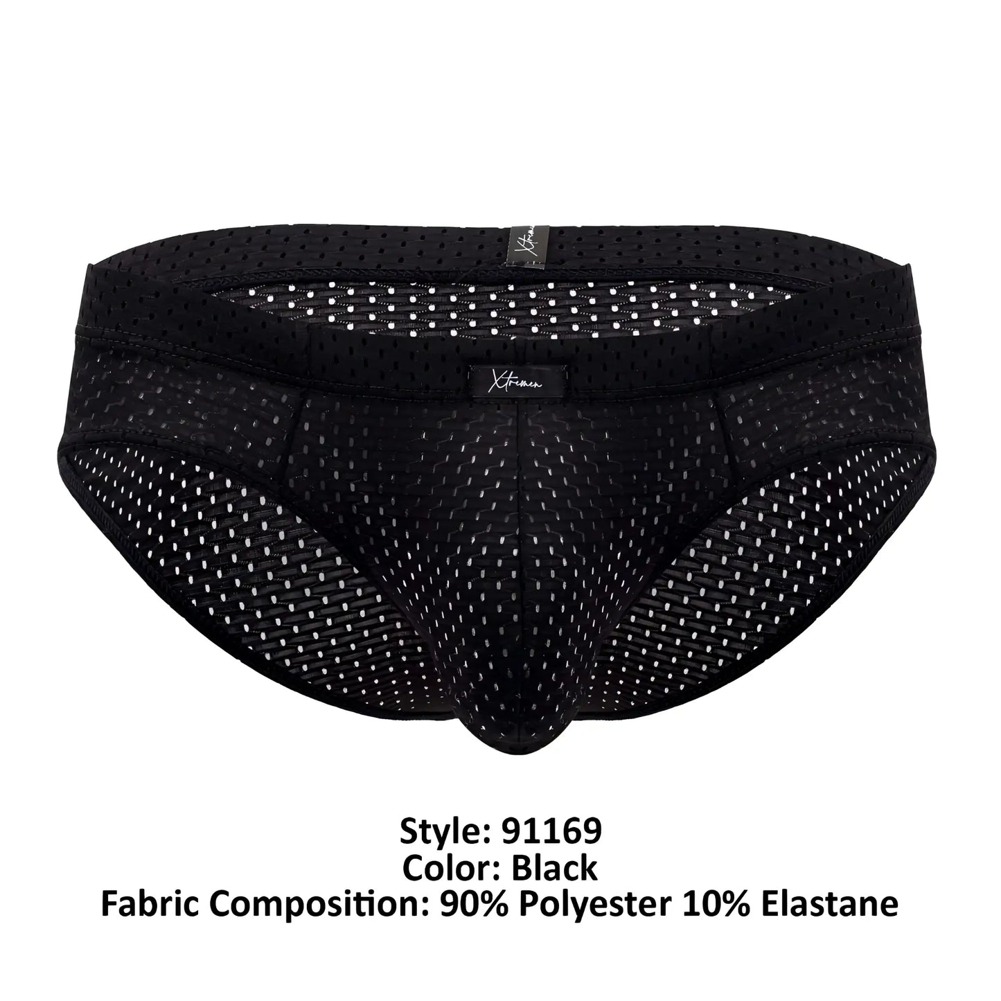 Black xtremen 91169 mesh briefs with subtle white dot pattern and branded tags made from breathable material
