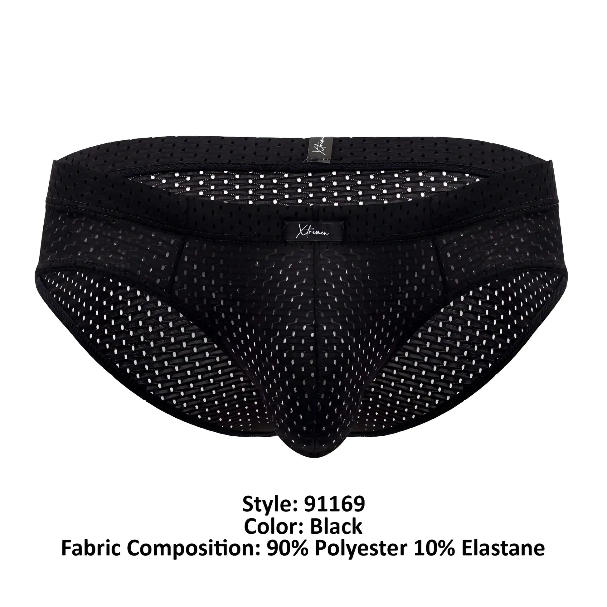 Black xtremen 91169 mesh briefs with subtle white dot pattern and branded tags made from breathable material