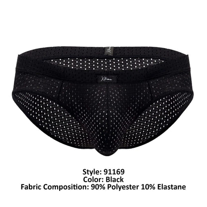 Black xtremen 91169 mesh briefs with subtle white dot pattern and branded tags made from breathable material