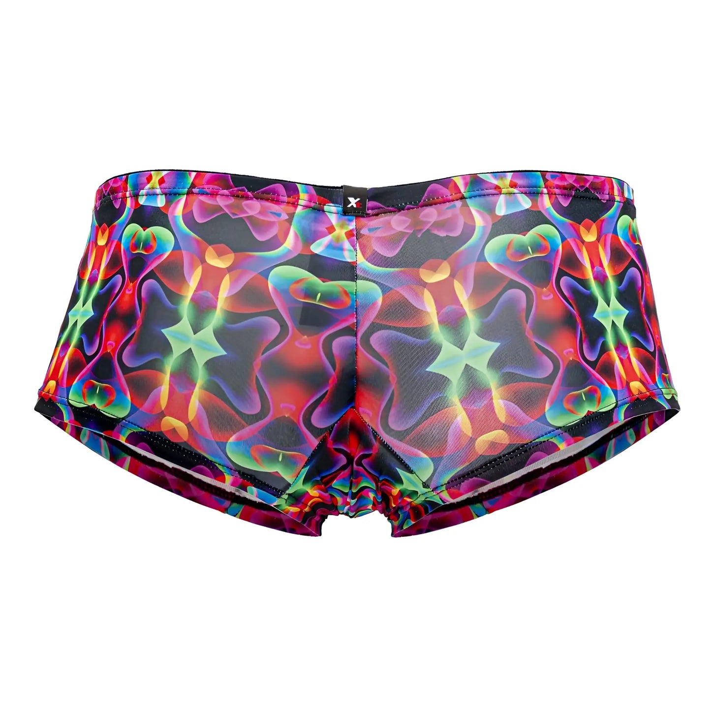 Xtremen 91170 printed trunks with vibrant iridescent neon patterns on black mesh swim shorts for men in color bows