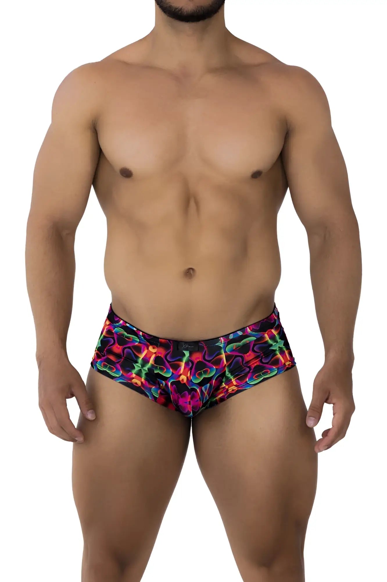 Xtremen 91170 printed trunks in vibrant neon pink green blue and purple with a psychedelic abstract pattern