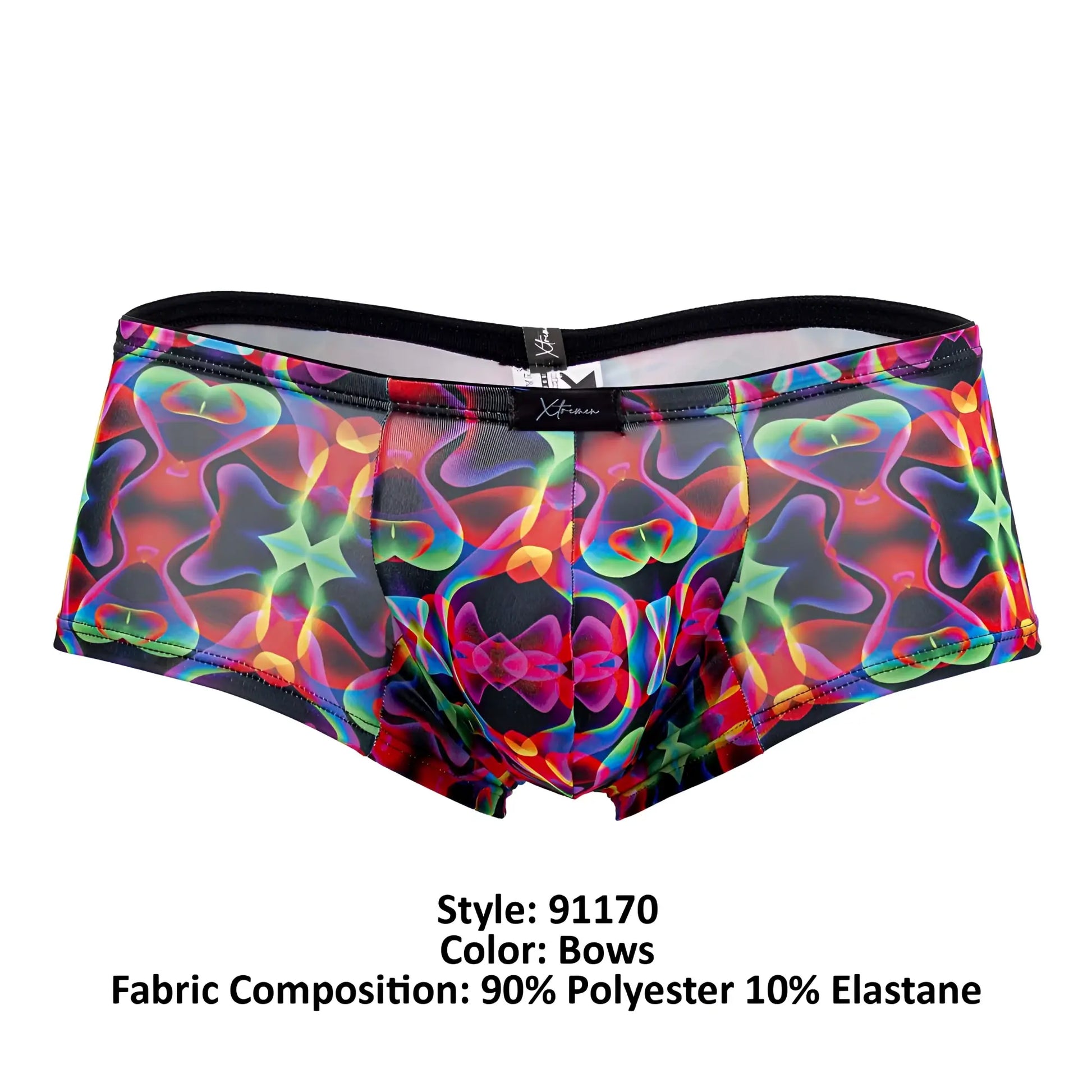 Xtremen 91170 printed trunks vibrant rainbow-colored briefs with psychedelic bow pattern on black mesh base