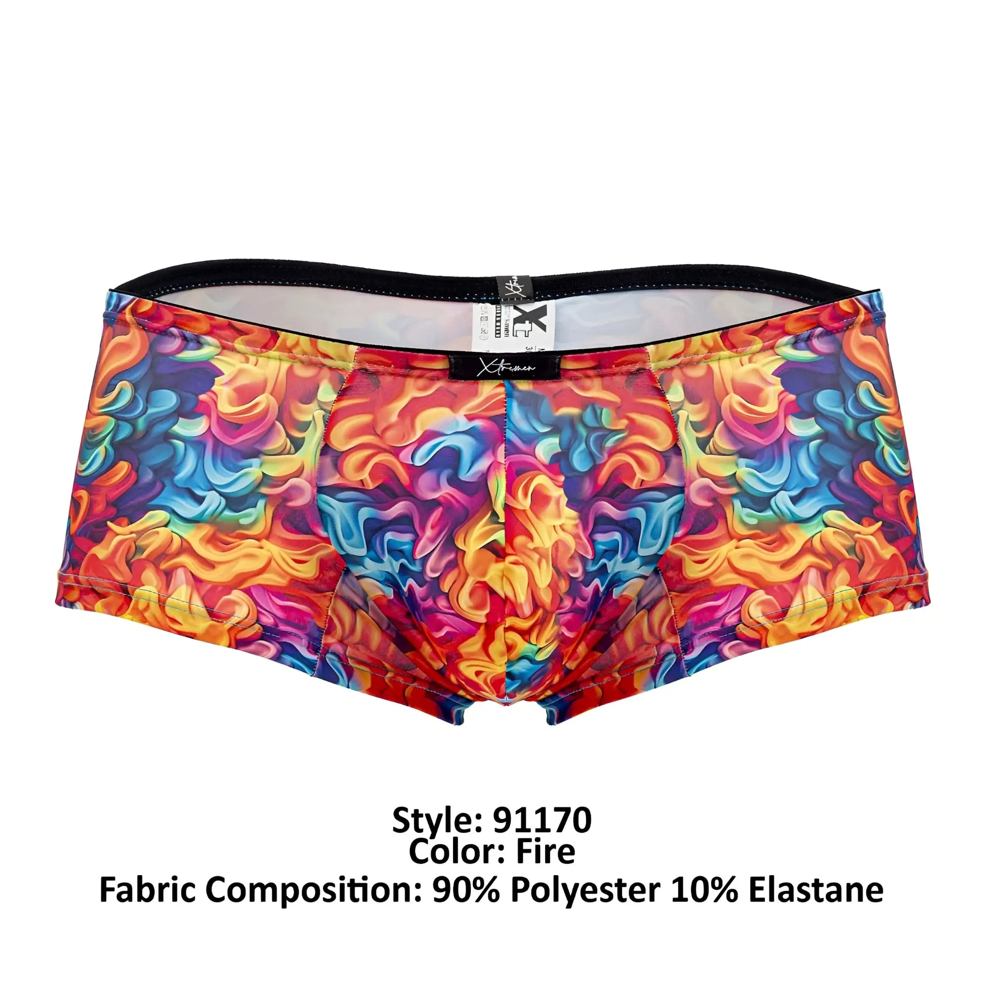 Vibrant multicolored flame-patterned xtremen 91170 printed trunks in 90 polyester 10 elastane with black waistband