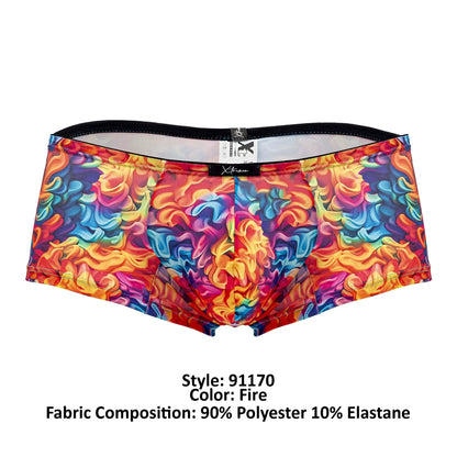 Vibrant multicolored flame-patterned xtremen 91170 printed trunks in 90 polyester 10 elastane with black waistband