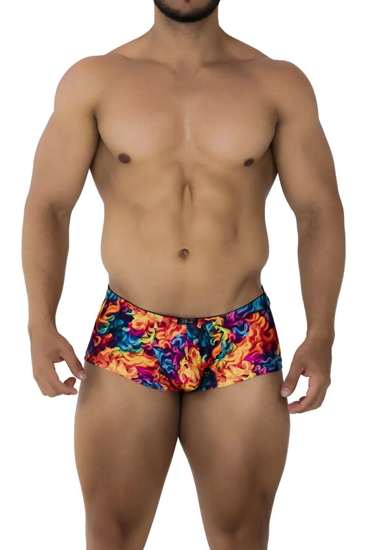 Xtremen 91170 printed trunks vibrant rainbow swim shorts with swirling fire flame pattern for beachwear