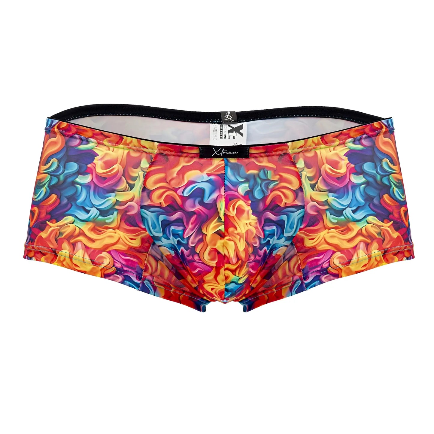 Xtremen 91170 printed trunks men’s briefs with vibrant fire rainbow swirl pattern and black elastic x-frame waistband