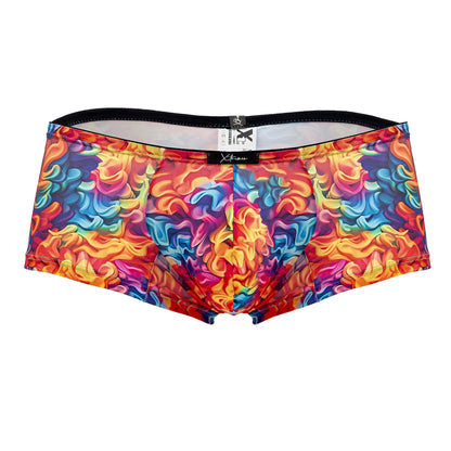 Xtremen 91170 printed trunks men’s briefs with vibrant fire rainbow swirl pattern and black elastic x-frame waistband