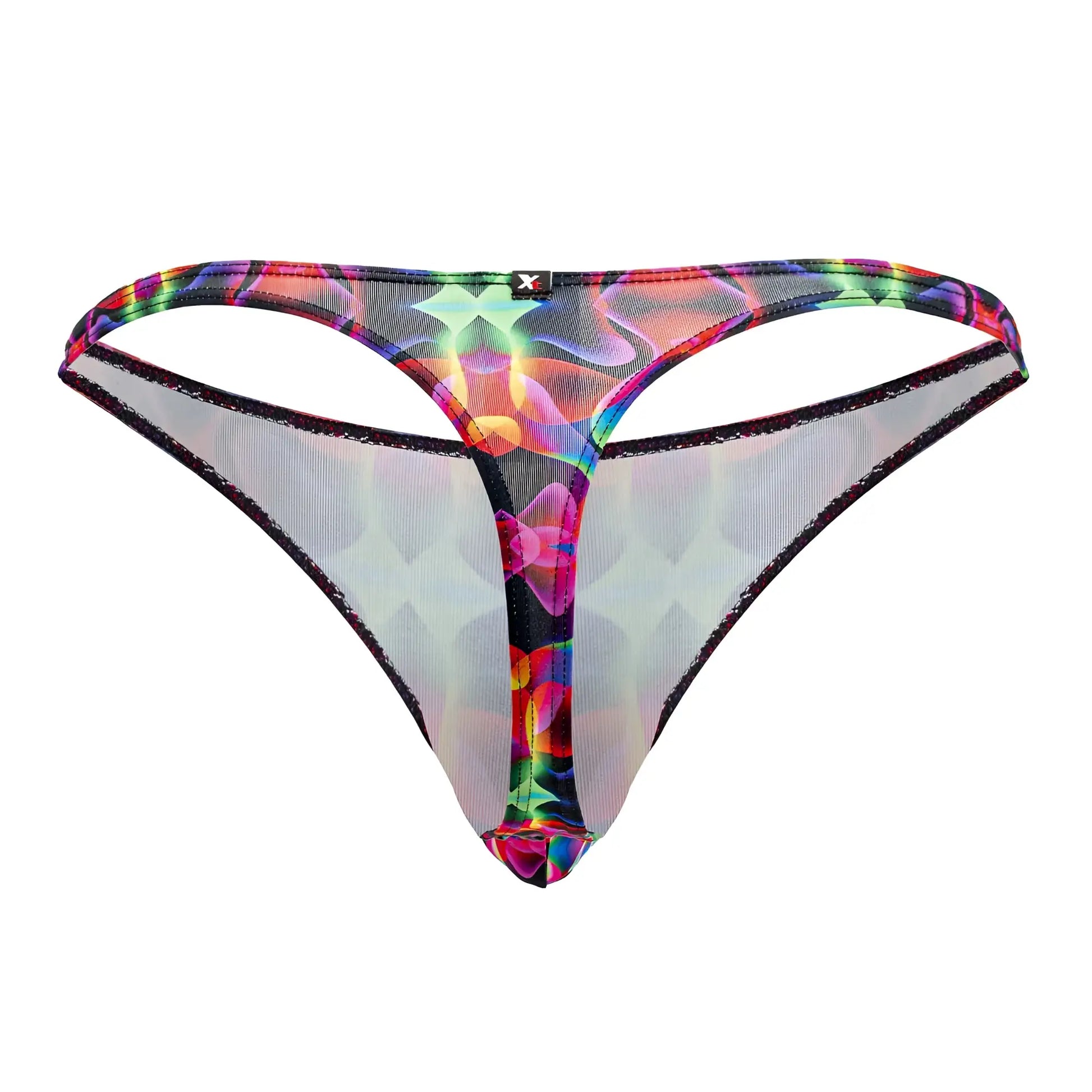 Xtremen 91171 printed thong with vibrant holographic mesh rainbow gradient and black trim in front view