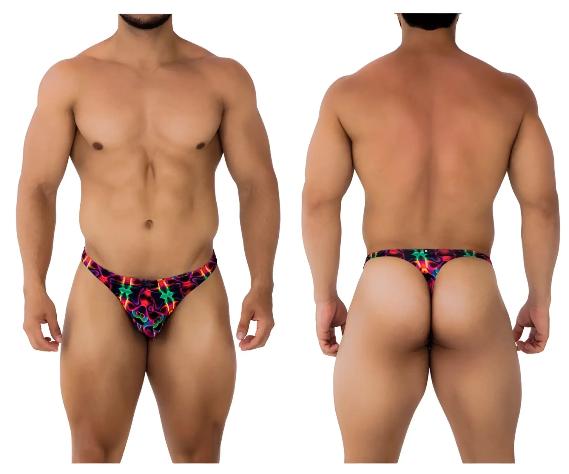 Xtremen 91171 printed thongs color bows vibrant neon patterned men’s briefs with bold red green blue and purple geometric design