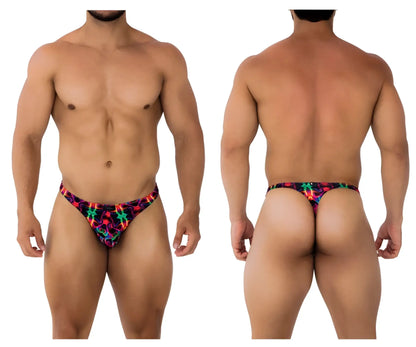 Xtremen 91171 printed thongs color bows vibrant neon patterned men’s briefs with bold red green blue and purple geometric design