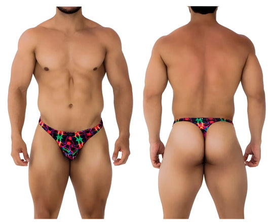 Xtremen 91171 printed thongs color bows vibrant neon patterned men’s briefs with bold red green blue and purple geometric design