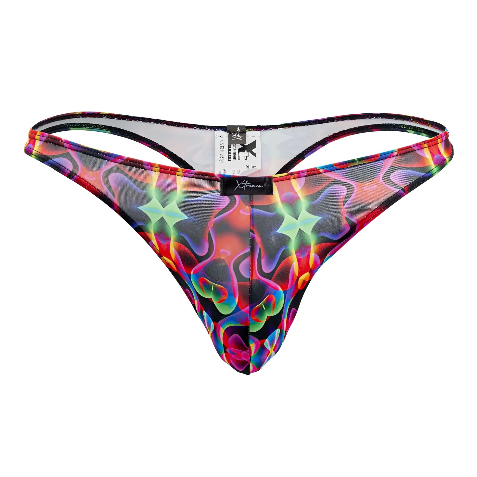 Vibrant rainbow holographic printed thong with black trim and Xtremen branded tag in color bows design