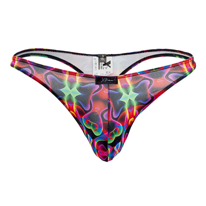 Vibrant rainbow holographic printed thong with black trim and Xtremen branded tag in color bows design