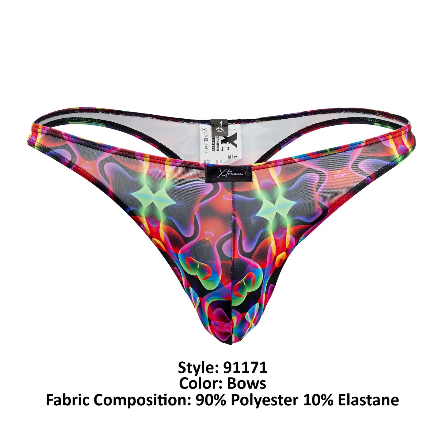 Vibrant rainbow-patterned xtremen 91171 printed thong with mesh fabric and black trim featuring the brand label