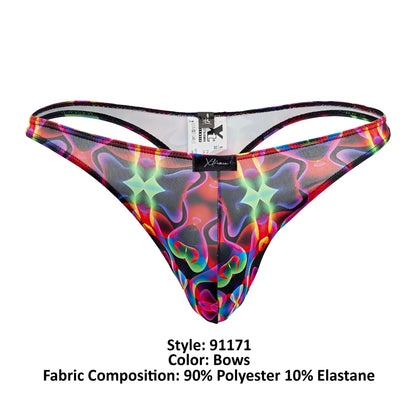 Vibrant rainbow-patterned xtremen 91171 printed thong with mesh fabric and black trim featuring the brand label