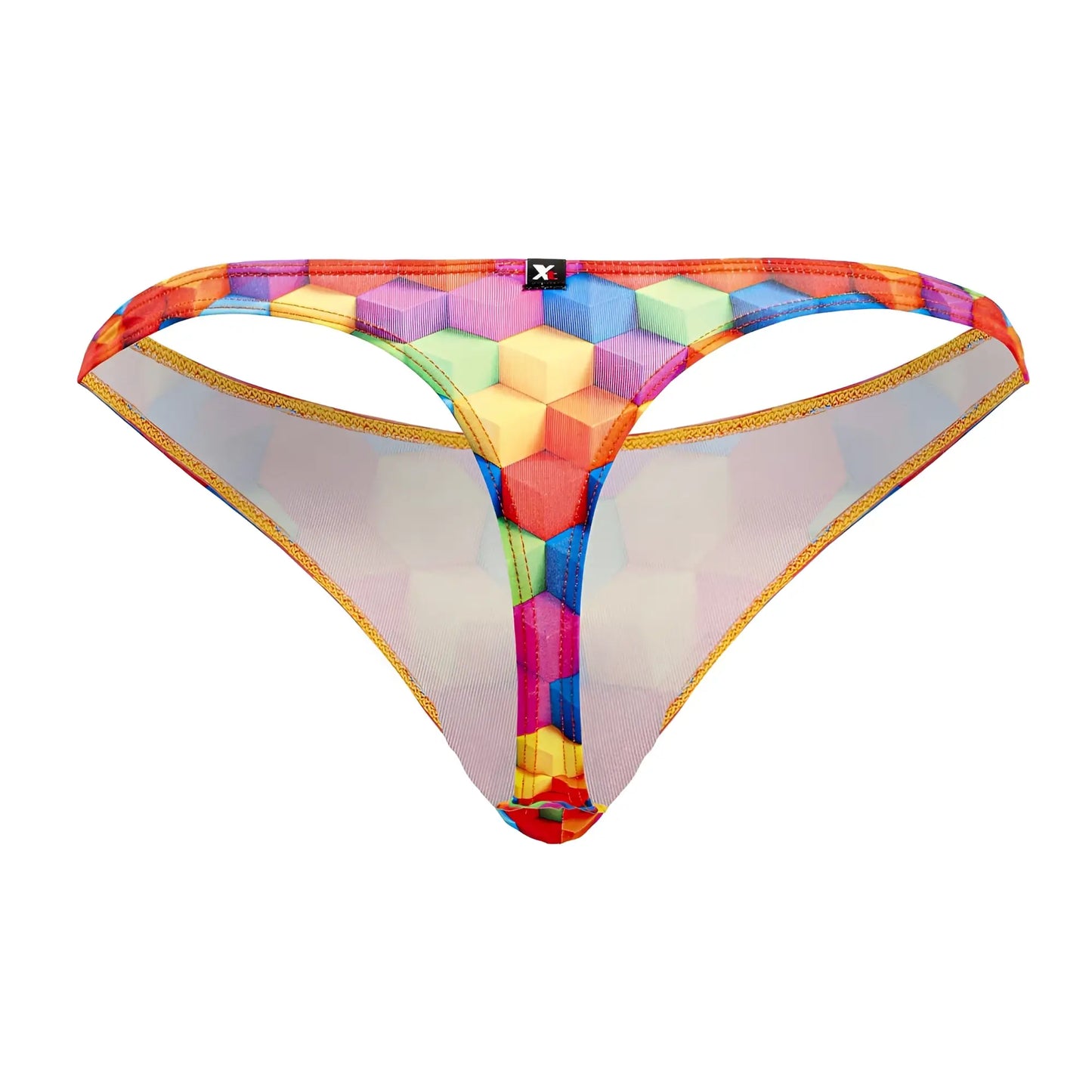 Xtremen 91171 printed thongs color cubes rainbow geometric mesh thong with vibrant hexagon design and gold trim edges