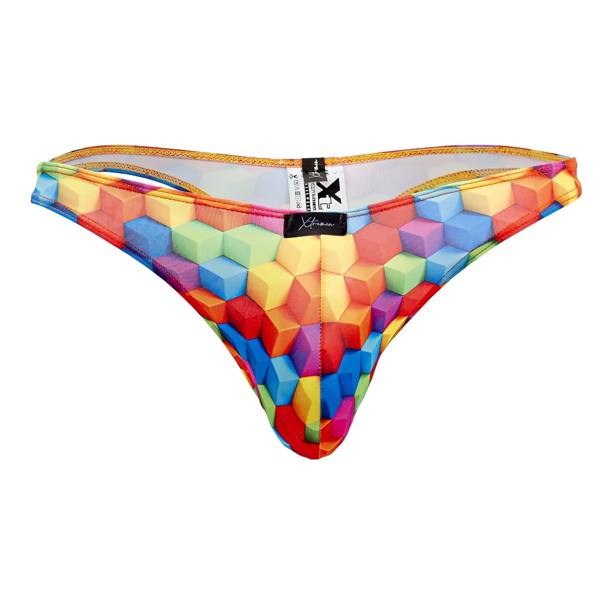 Xtremen 91171 printed thong with vibrant rainbow 3d geometric cube pattern stretchy fabric and orange-trimmed waistband