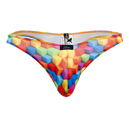 Xtremen 91171 printed thong with vibrant rainbow 3d geometric cube pattern stretchy fabric and orange-trimmed waistband