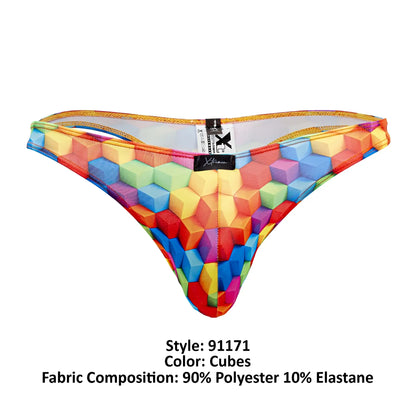 Vibrant rainbow-colored xtremen 91171 thong with 3d geometric cube pattern made of polyester and elastane