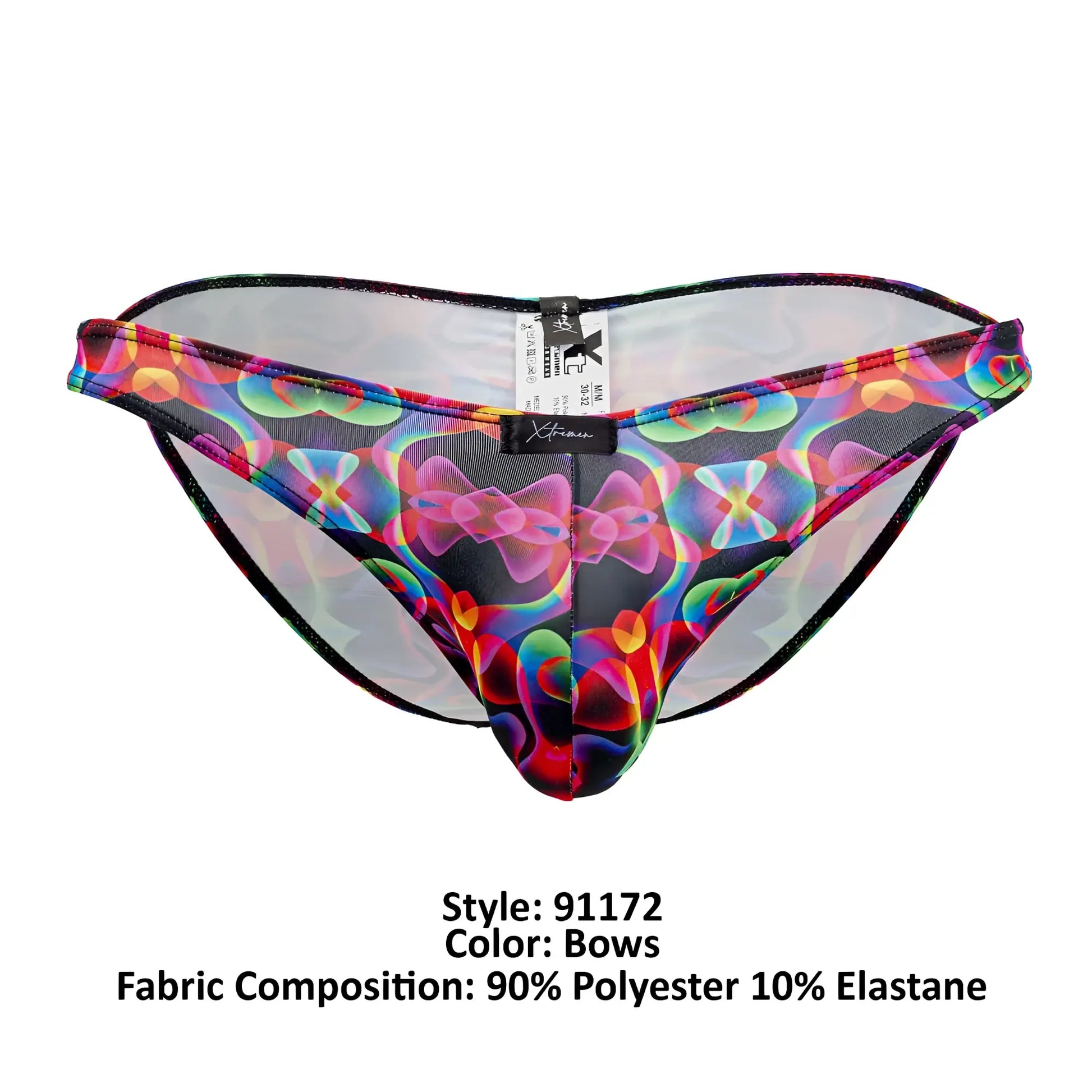 Xtremen 91172 printed bikini color bows vibrant iridescent rainbow men’s briefs with sheer mesh overlay and black trim