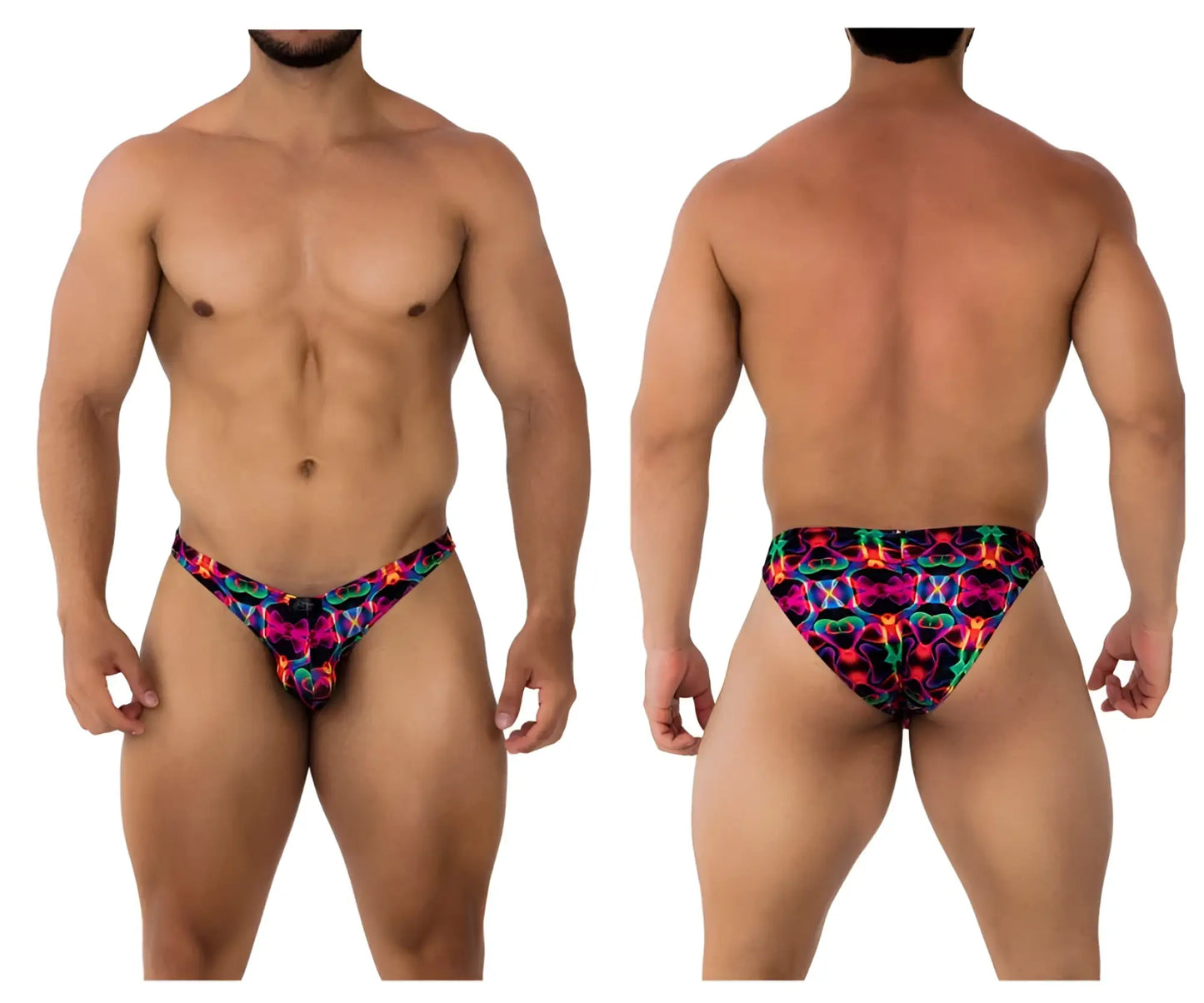 Xtremen 91172 printed bikini color bows men’s swim trunks with vibrant neon abstract pink blue green and purple pattern