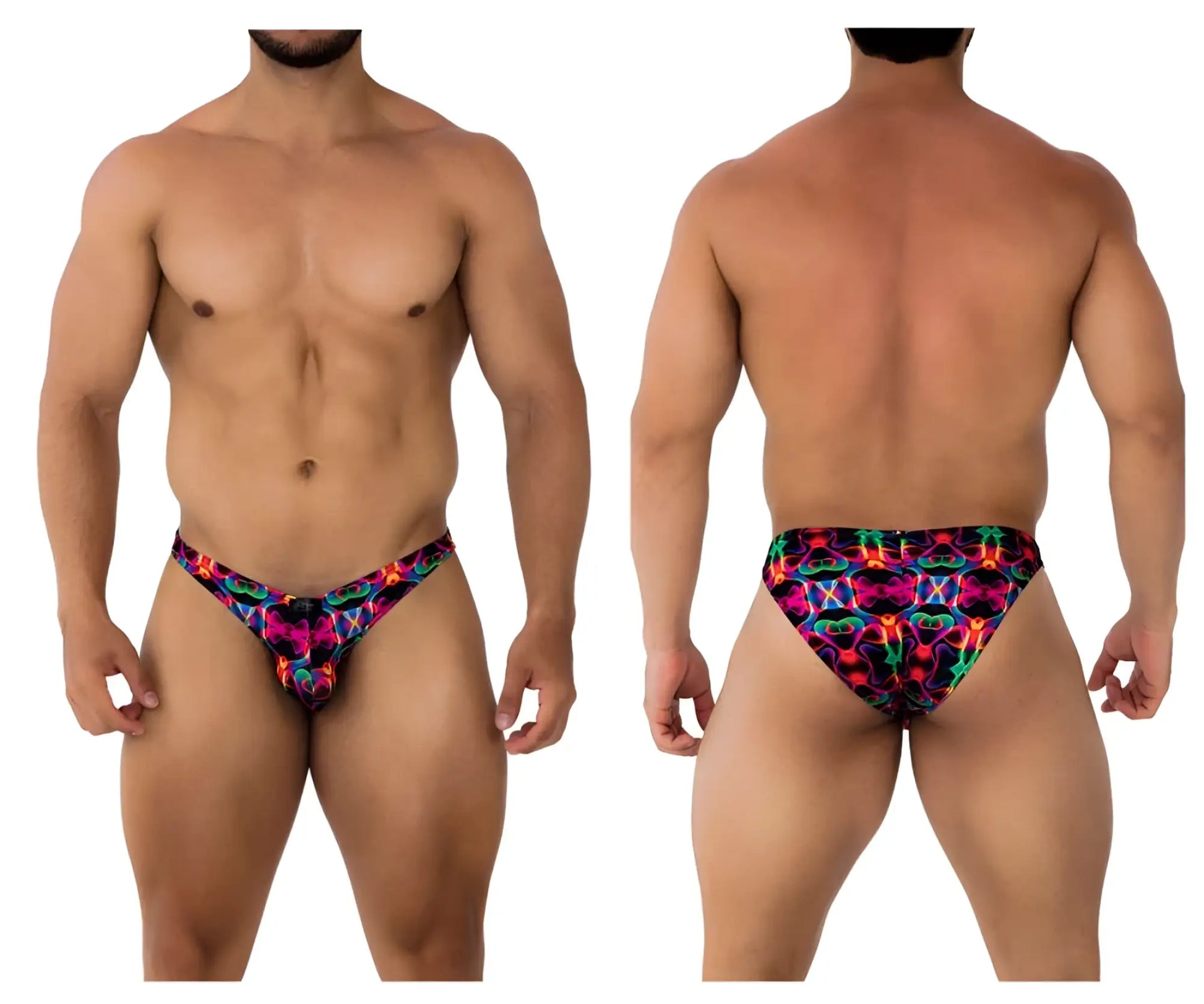 Xtremen 91172 printed bikini color bows men’s swim trunks with vibrant neon abstract pink blue green and purple pattern
