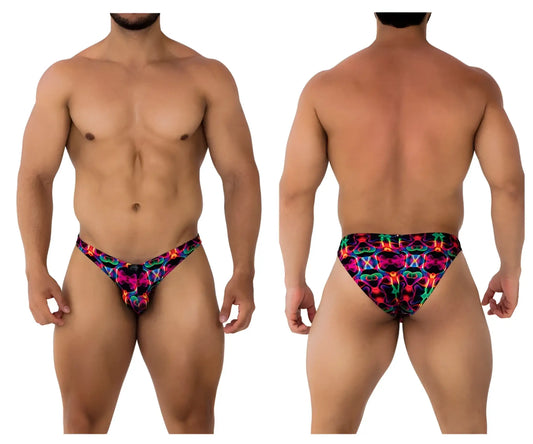 Xtremen 91172 printed bikini color bows men’s swim trunks with vibrant neon abstract pink blue green and purple pattern