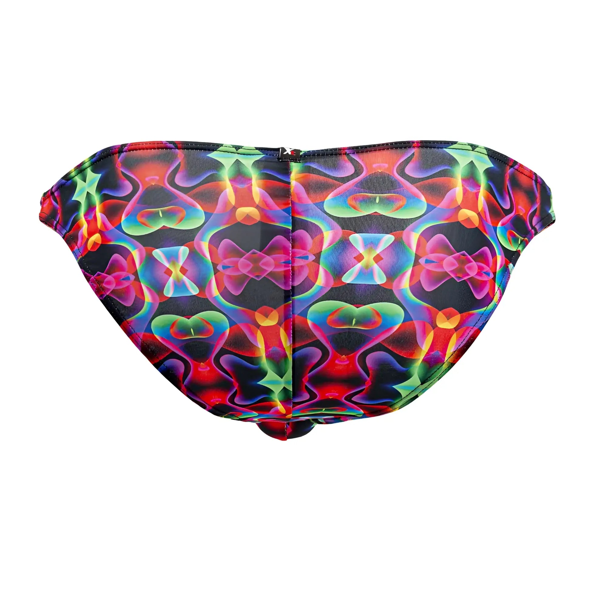 Xtremen 91172 printed bikini bottom with black base and vibrant neon red green blue purple psychedelic patterns