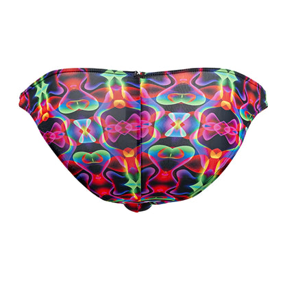 Xtremen 91172 printed bikini bottom with black base and vibrant neon red green blue purple psychedelic patterns