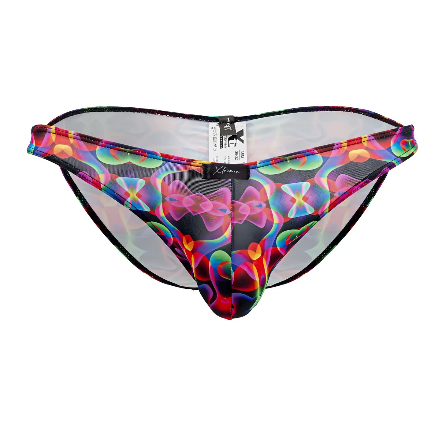 Xtremen 91172 printed bikini color bows vibrant rainbow mesh briefs with black trim and branded tag visible