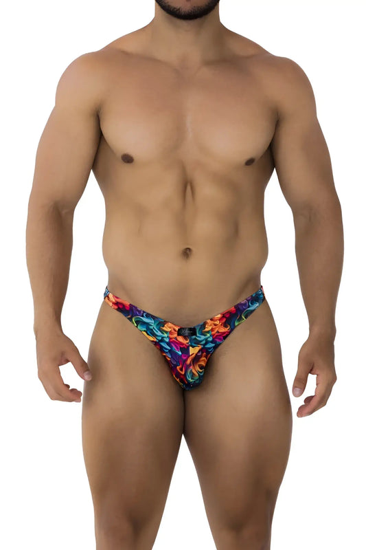 Vibrant multicolored floral-patterned Xtremen 91172 printed bikini thong in stretchy fabric color fire shown from back