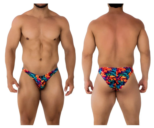 Xtremen 91172 printed bikini color fire vibrant multicolored swim trunks with swirling blue orange and red abstract pattern