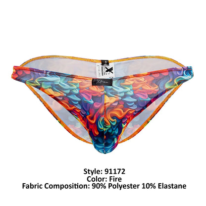 Xtremen 91172 printed bikini color fire vibrant rainbow mesh briefs with swirling abstract pattern and orange trim