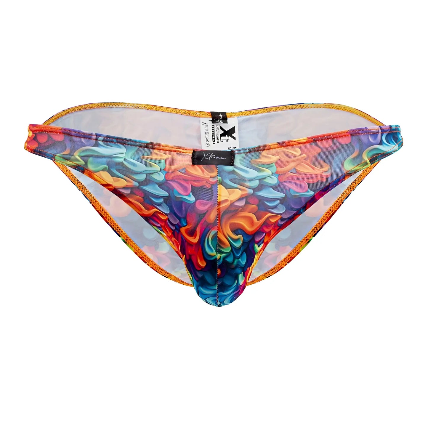 Xtremen 91172 printed bikini color fire vibrant rainbow mesh briefs with swirling abstract pattern and orange trim