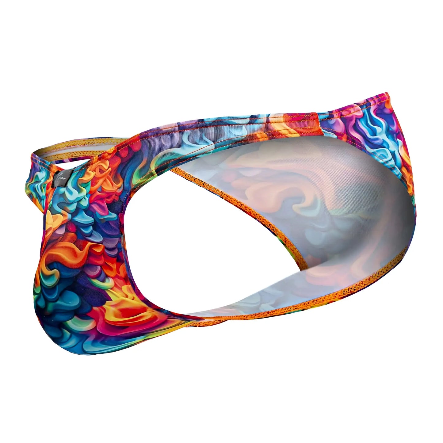Vibrant xtremen 91172 printed bikini color fire swim trunks with rainbow swirling abstract pattern and orange trim