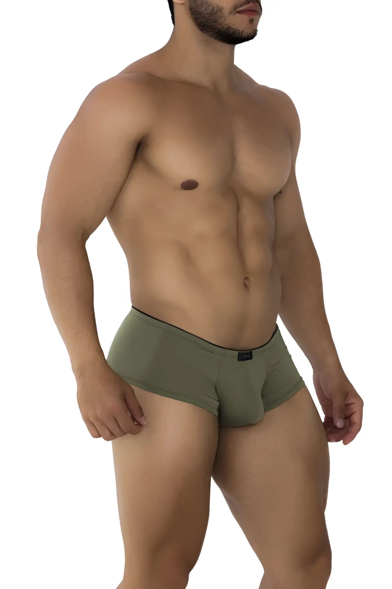 Xtremen 91175 microfiber olive green briefs with black elastic waistband and small black brand tag front view