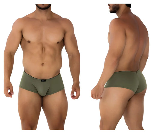 Olive green xtremen 91175 microfiber men’s trunks with black waistband and small brand tag shown from the back side