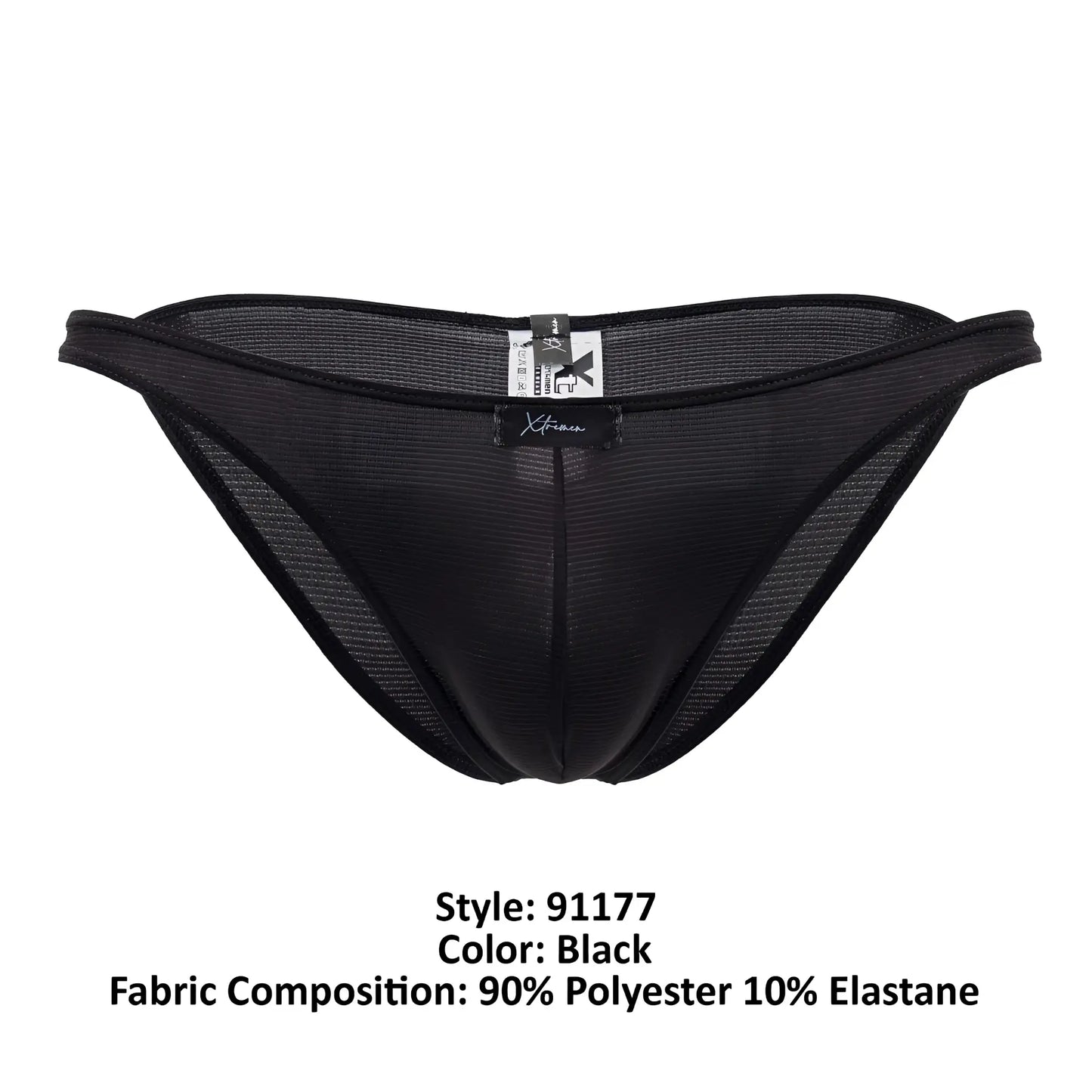 Black xtremen 91177 microfiber bikini briefs with sleek mesh design and subtle waistband brand tag visible from front