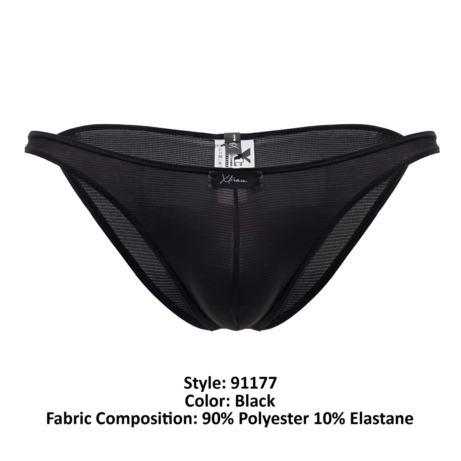 Black xtremen 91177 microfiber bikini briefs with sleek mesh design and subtle waistband brand tag visible from front