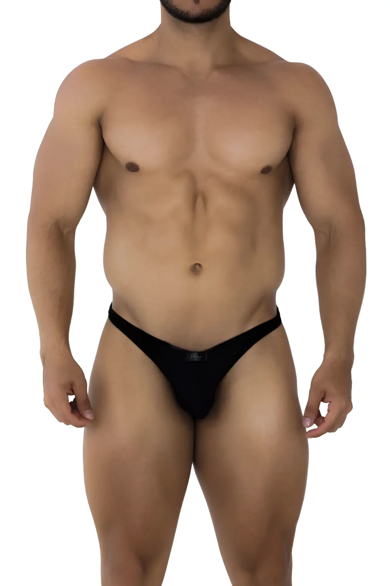 Black sleek form-fitting microfiber thong bikini by Xtremen featuring smooth fabric and subtle center logo