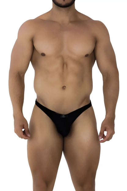 Black sleek form-fitting microfiber thong bikini by Xtremen featuring smooth fabric and subtle center logo