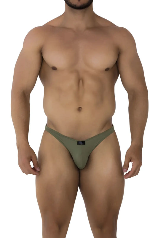 Olive green microfiber athletic briefs with a small black logo front from xtremen 91177 microfiber bikini color green