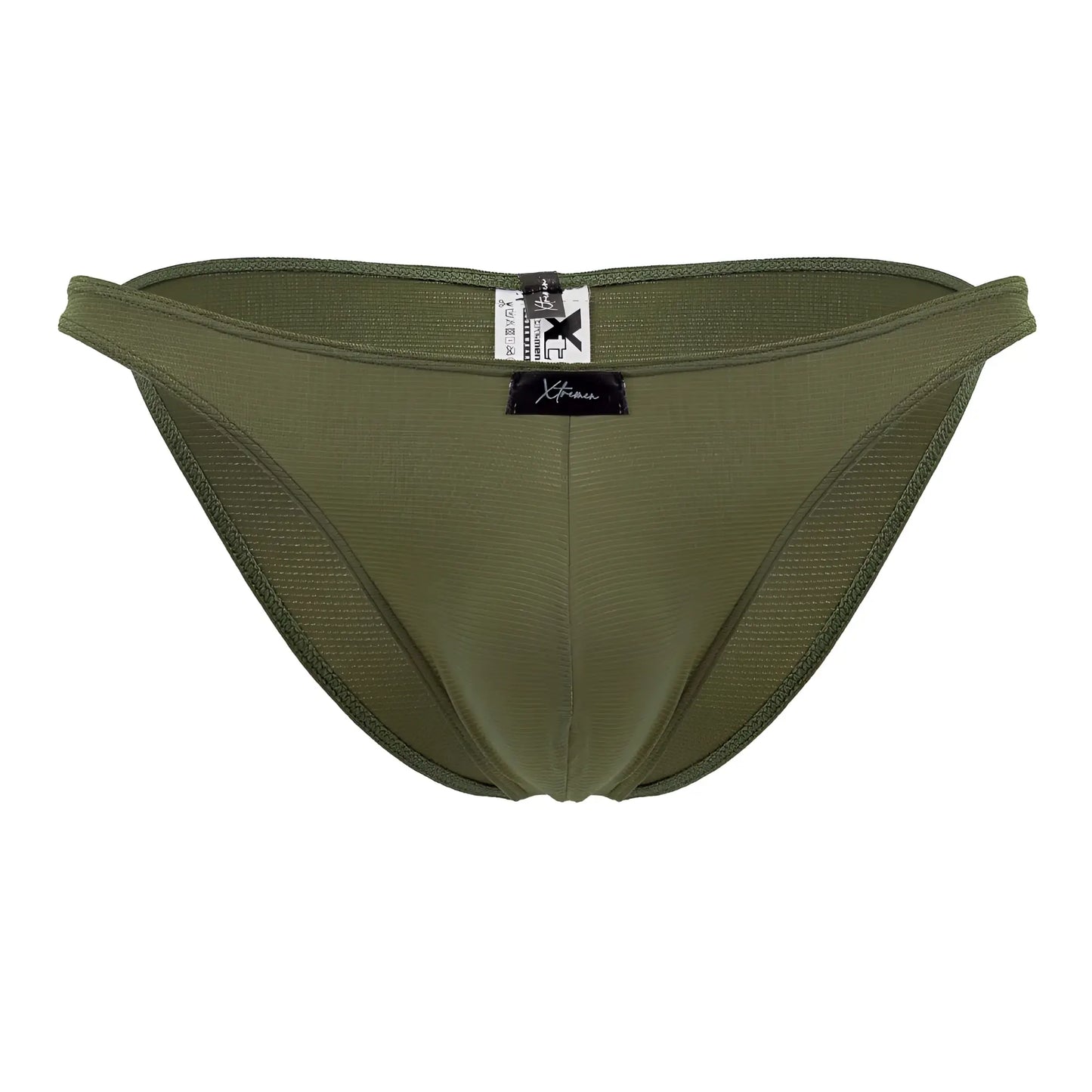 Xtremen 91177 olive green microfiber bikini briefs with mesh fabric and black brand tag on waistband