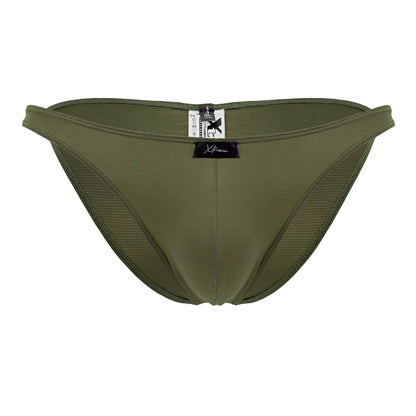 Xtremen 91177 olive green microfiber bikini briefs with mesh fabric and black brand tag on waistband