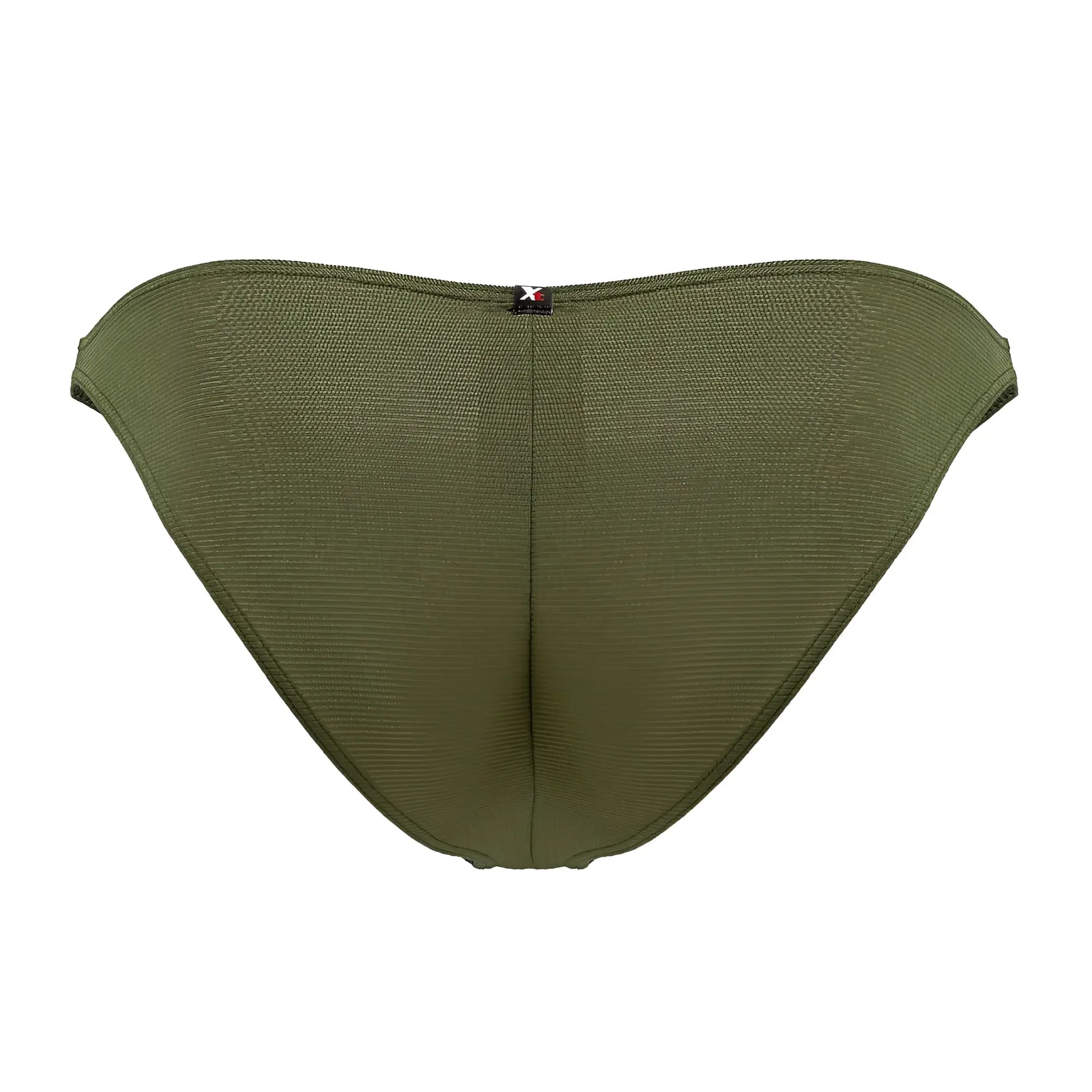 Olive green xtremen 91177 microfiber bikini briefs with textured mesh, central seam, and black logo tag at waistband