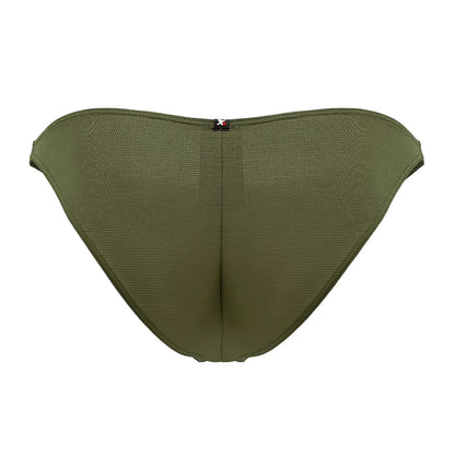 Olive green xtremen 91177 microfiber bikini briefs with textured mesh, central seam, and black logo tag at waistband