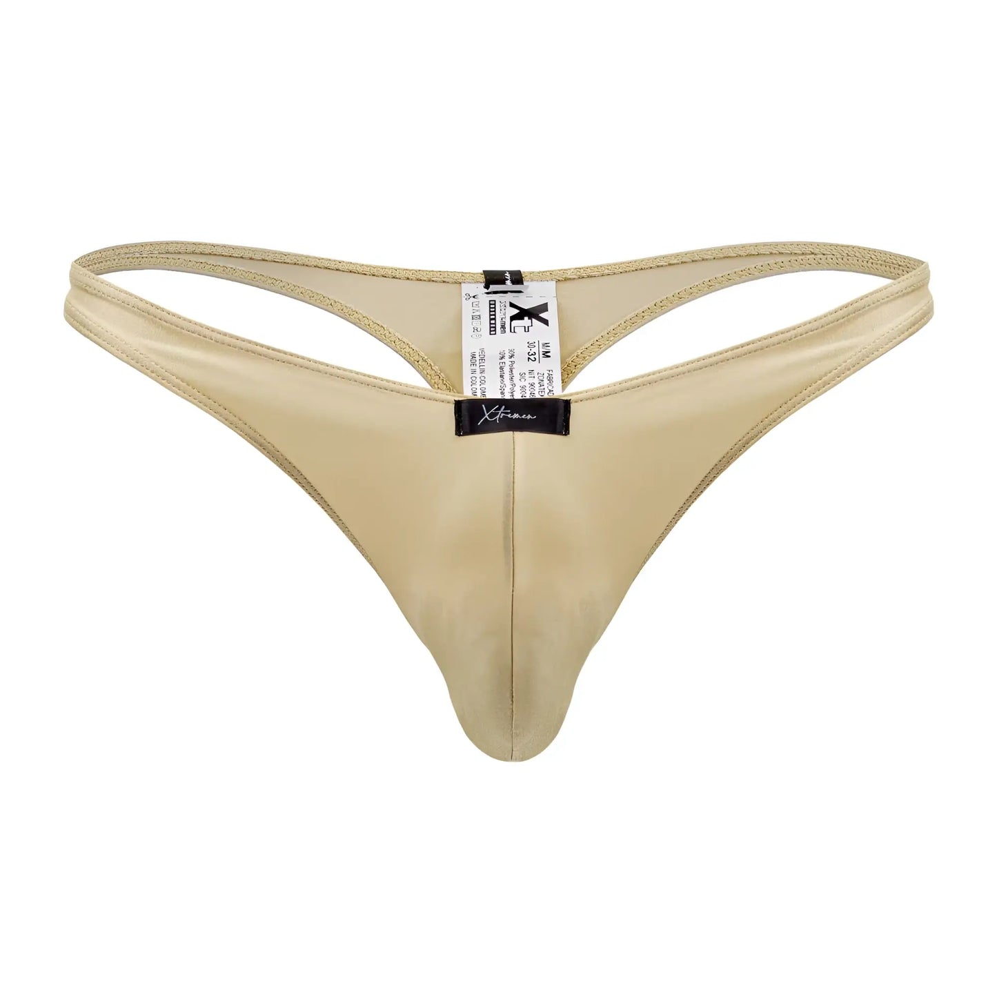 Beige satin microfiber thong with black brand tag and size label from xtremen 91178 microfibre thongs gold collection
