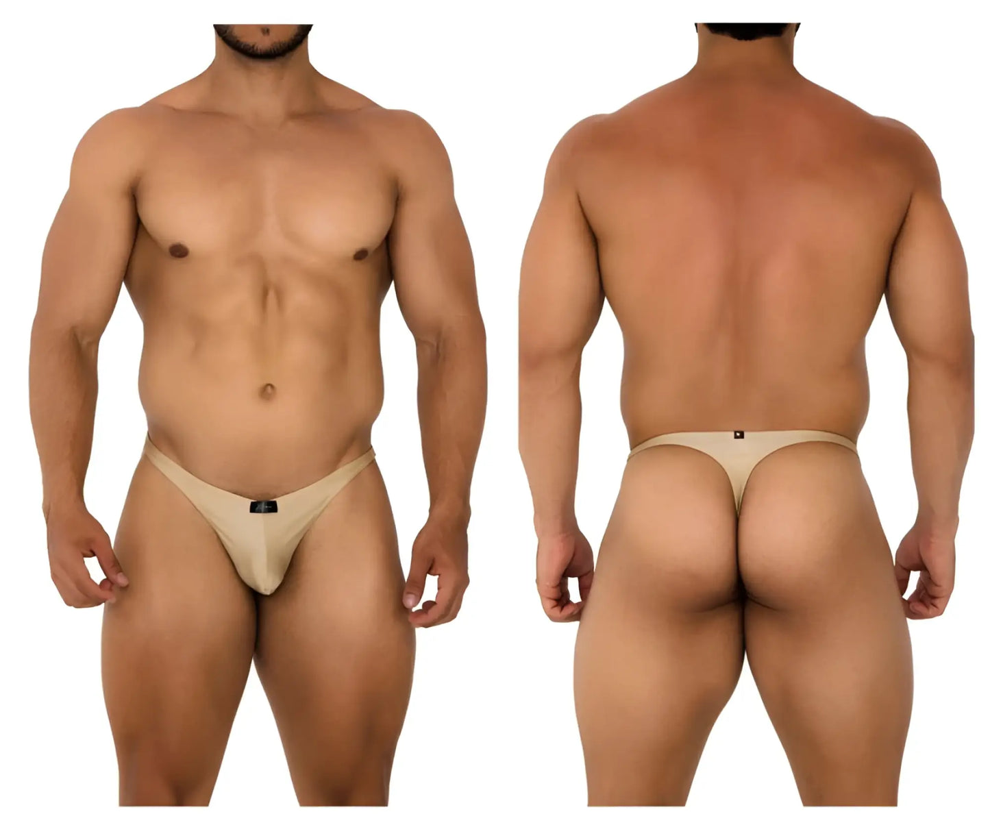 Beige xtremen 91178 microfiber thong with a small black logo on the front in gold color