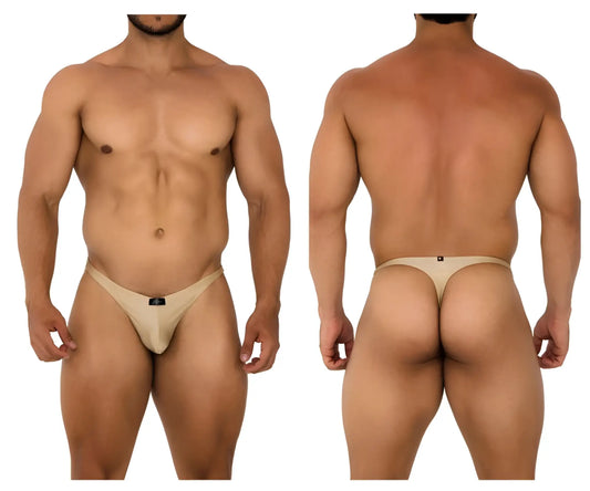 Beige xtremen 91178 microfiber thong with a small black logo on the front in gold color